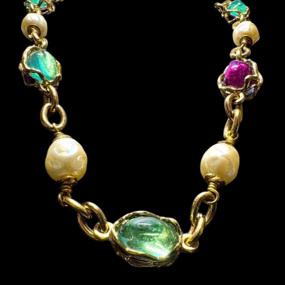 Yves Saint Laurent Vintage YSL Gold Plated Clear/Purple/Green Necklace
